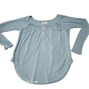 We the Free Free People Blue Size S Women's 3 Button Polo Long Sleeve Curved Hem